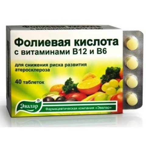 Фолиевая к-та с витаминами В12 и В6 таблетки по 0,22 г Эвалар